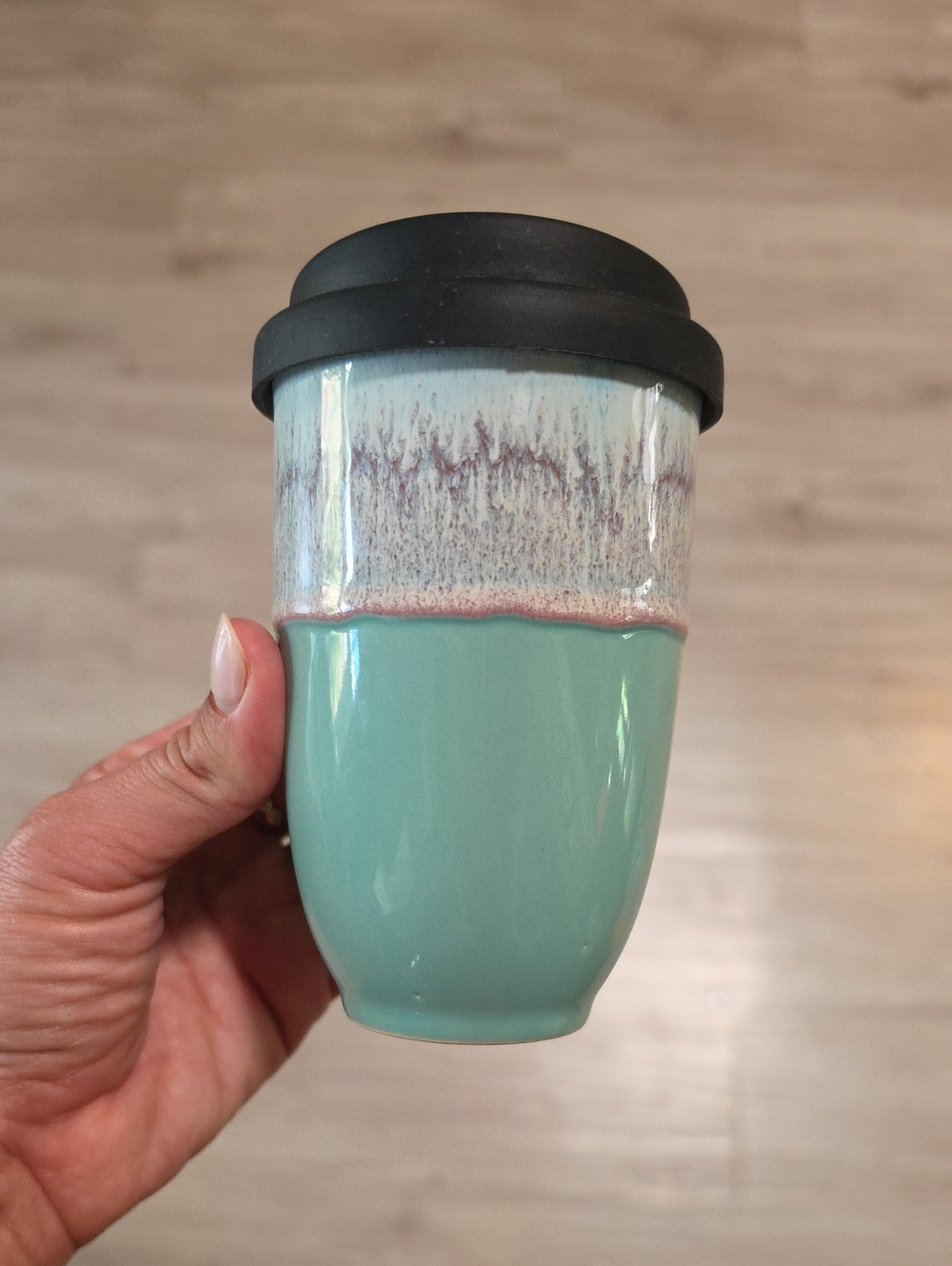 Glazed Ceramic Travel Mug in Seafoam Green with Black Lid